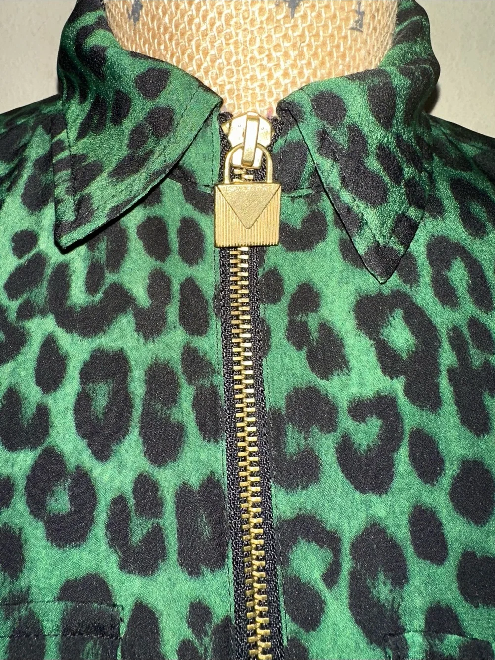 Michael Kors Green Leopard Print Zip Front Utility Shirt Petite Small